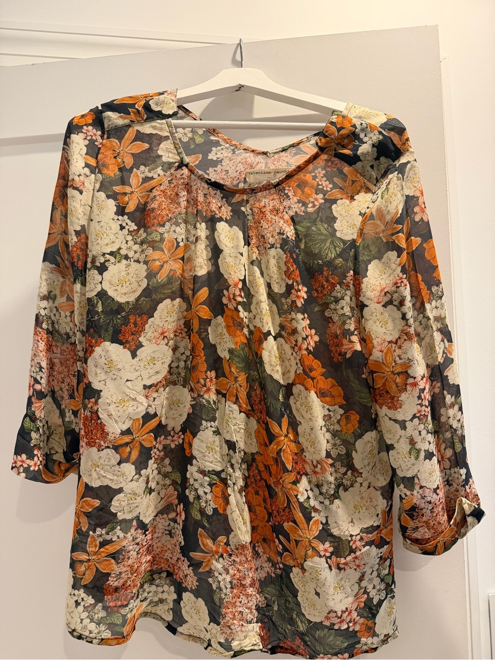 Floral Print 3/4 Sleeve Women’s Top - White & Orange
